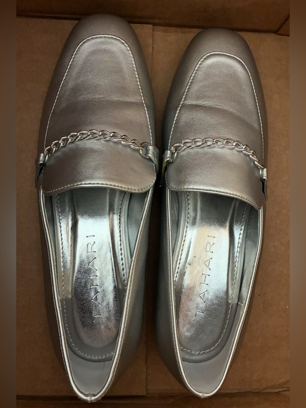 Tahari Silver Metallic Chain-Trim Loafers